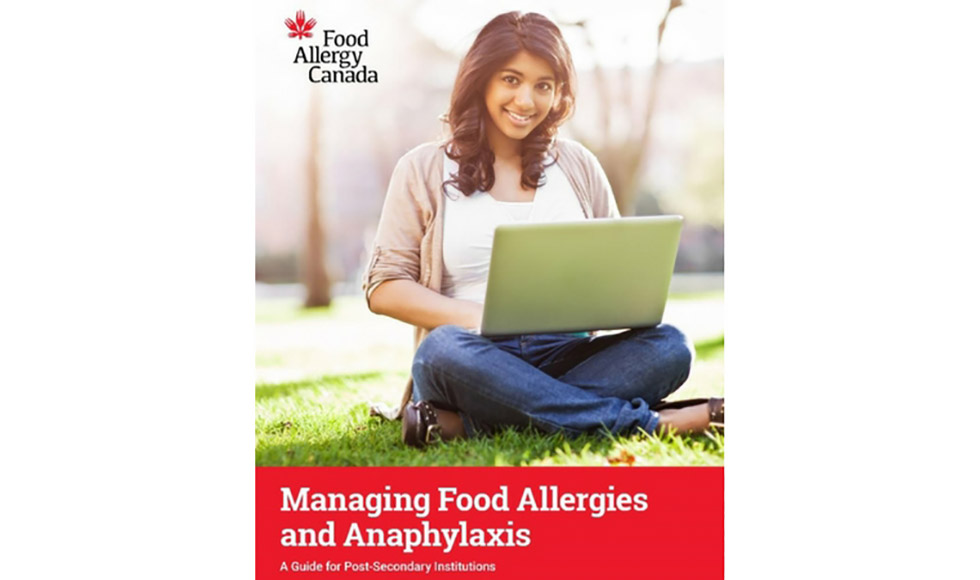 Front cover of Food Allergy Canada brochure. Female student sitting with laptop