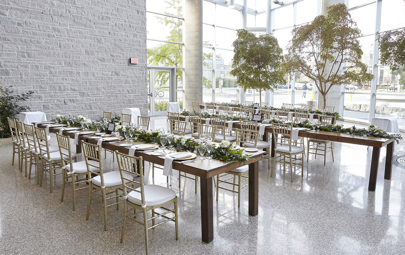 Table setting at an event in the MDCL Atrium